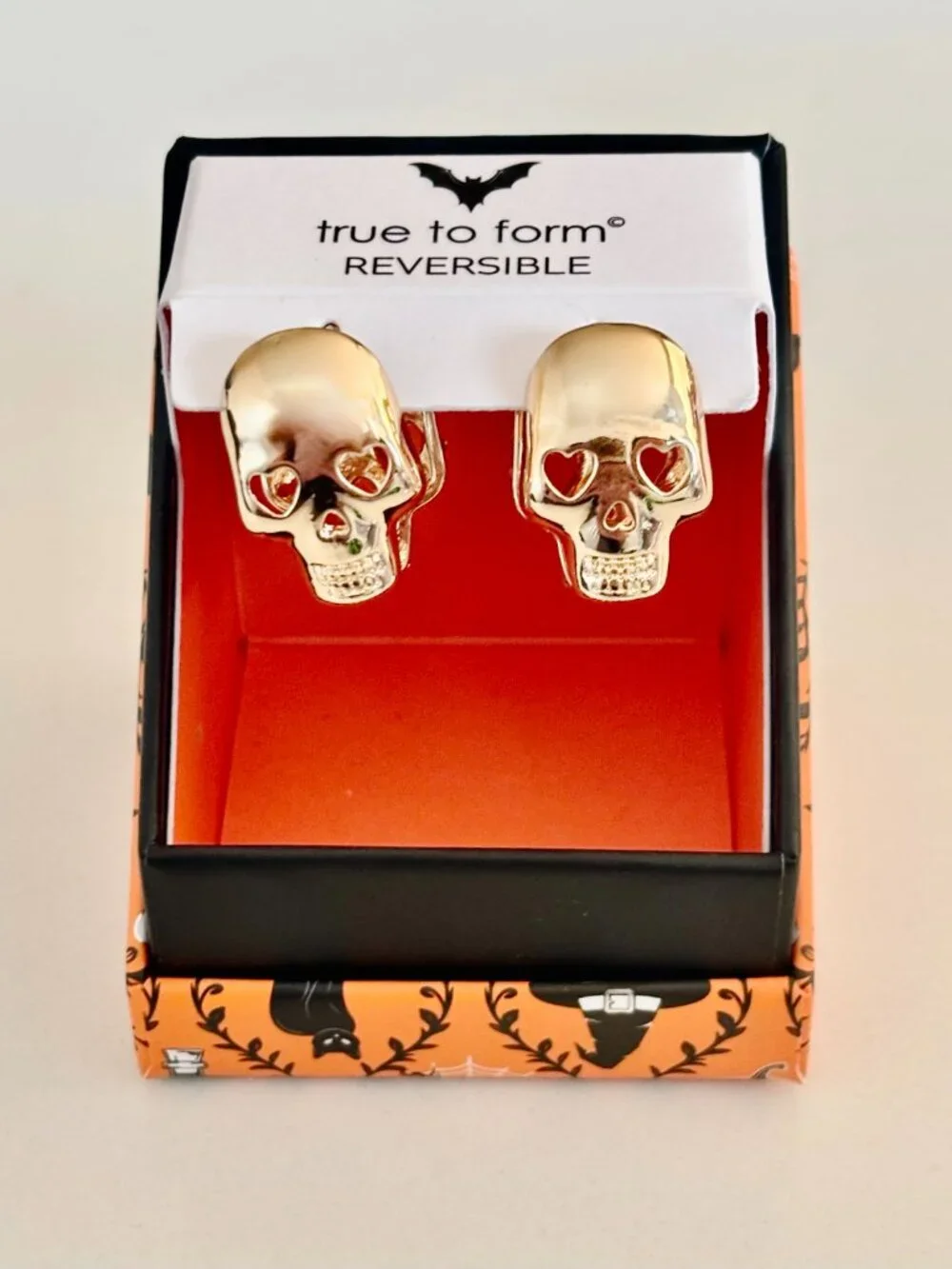 True to Form Reversible Skull Hinged Huggie Earrings Gold Tone Pave Rhinestones